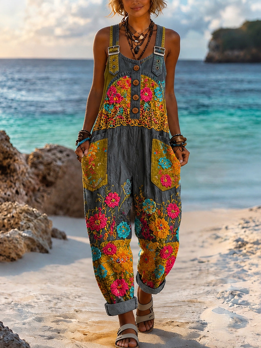 Women's Retro Style Art Print Washed Cotton Denim Patchwork Jumpsuit